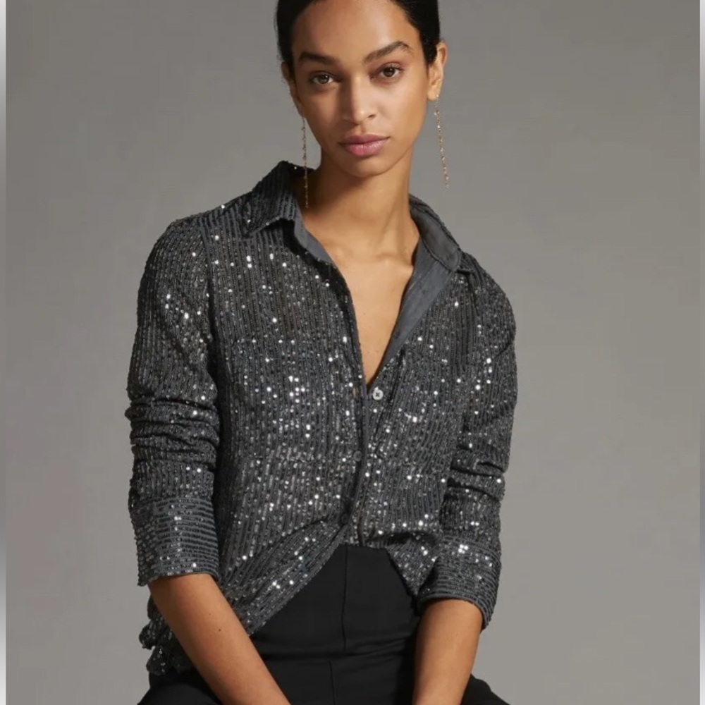 Anthropologie dark silver sequin button up shirt Sz L NWOT